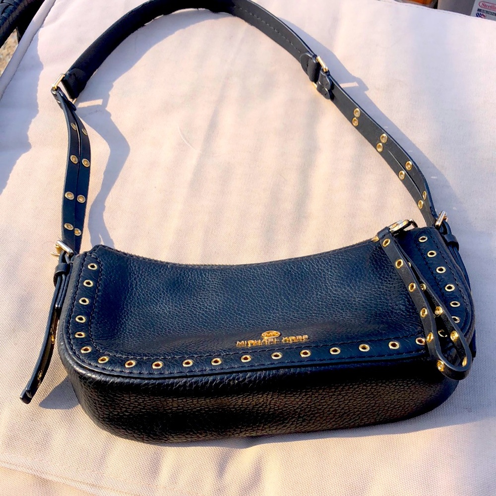 Michael Kors Black Pebble Leather Shoulder Bag with Gold Grommet Trim